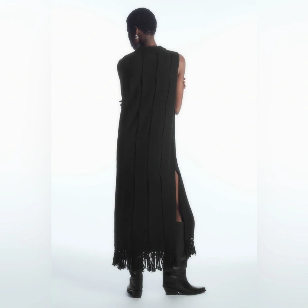 COS Fringed Panelled Wool Midi Dress black tassel knit  designer minimal sweater - Picture 5 of 15